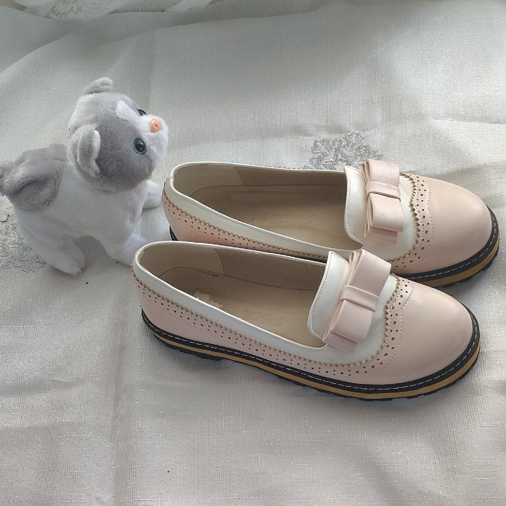 Women’s Cream & Pink Bow and Loafers - Chic Flat Slip-Ons - Picture 6 of 7
